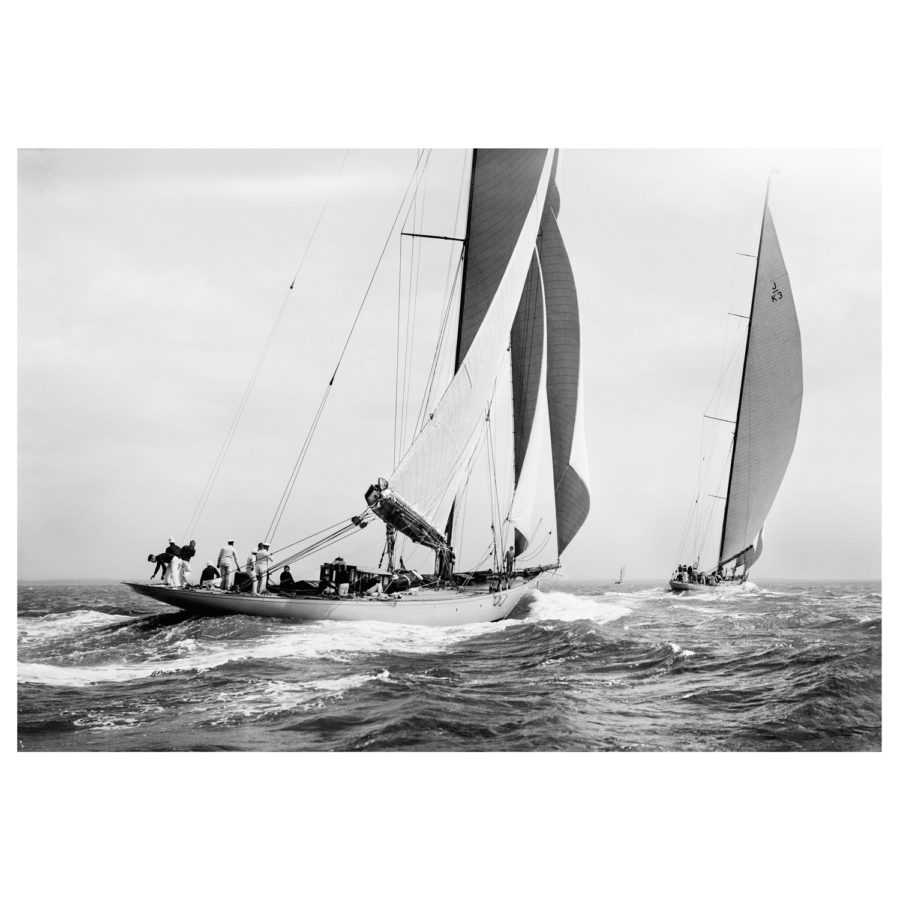 Stunning unframed silver gelatin black and white photograph of sailing yacht Astra and Shamrock 4 sailing at sea. This picture was taken by Frank Beken in 1934 on his handmade camera. This picture was scanned from original negatives from period. Available to buy from Brett Gallery. Beken of Cowes Framed Prints, Beken of Cowes archives, Beken of Cowes Prints, Beken Archive, Cowes Week old Photographs, Beken Prints, Frank beken of Cowes.