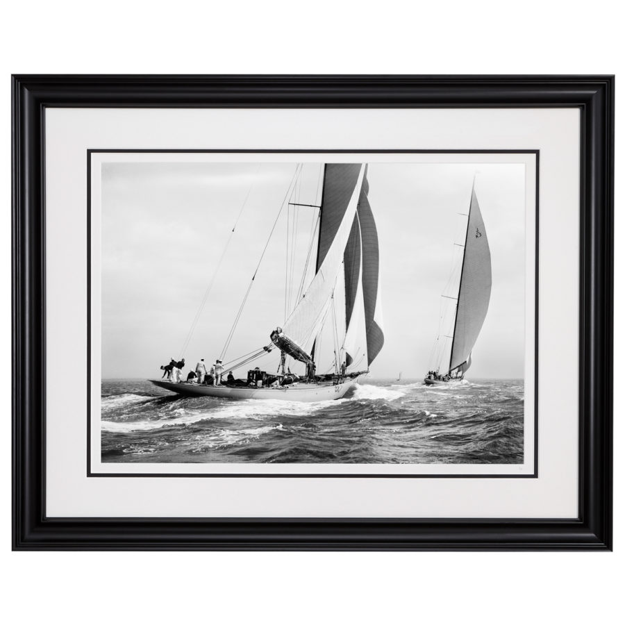 Stunning Black and white photograph of sailing boats Astra and Shamrock sailing at sea. This photograph was scanned from original glass plate negative. Picture was taken by Frank Beken in 1934, Available to purchase form Brett Gallery. Beken of Cowes Framed Prints, Beken of Cowes archives, Beken of Cowes Prints, Beken Archive, Cowes Week old Photographs, Beken Prints, Frank beken of Cowes.