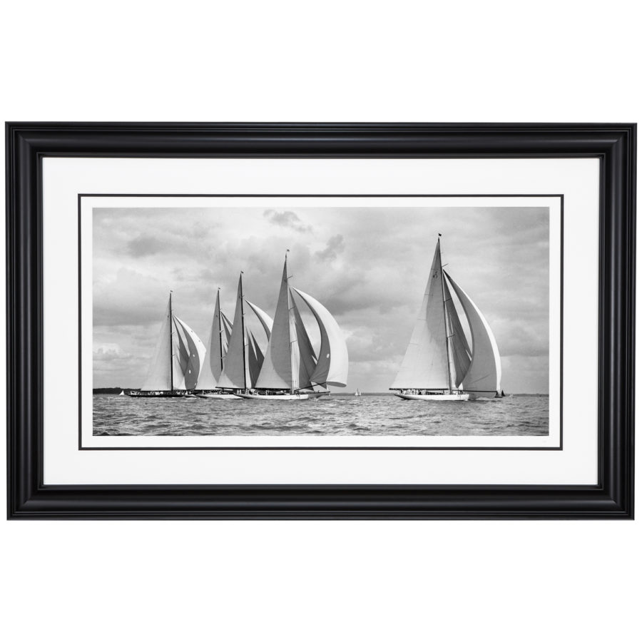 Framed black and white photograph of sailing boats Britannia, Velsheda, Shamrock, Candida and Astra. Picture taken by Frank Beken in Cowes in 1934. Photograph scanned from original Glass plate negative from Beken of Cowes Archive. Available for sale at Brett Gallery. Beken of Cowes Framed Prints, Beken of Cowes archives, Beken of Cowes Prints, Beken Archive, Cowes Week old Photographs, Beken Prints, Frank beken of Cowes.