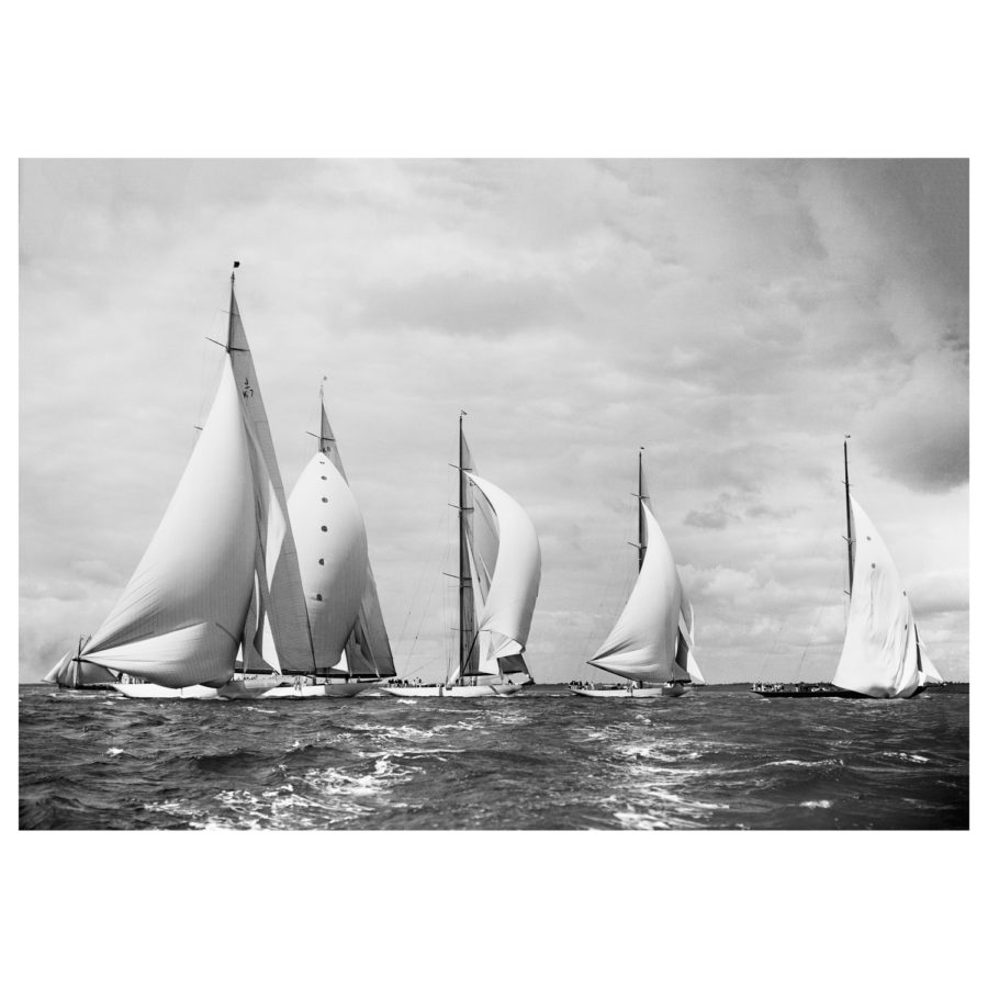 5 yachts sailing at sea. Britannia, Astra, Shamrock, Velsheda and Candida. Photograph scanned from original glass plate negative. Dated 1934 and taken by Frank Beken. Beken of Cowes Framed Prints, Beken of Cowes archives, Beken of Cowes Prints, Beken Archive, Cowes Week old Photographs, Beken Prints, Frank beken of Cowes.