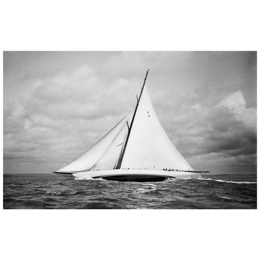 Stunning Black and White Photograph of sailing boat Cambria sailing at sea. Photographer of this stunning photograph is Frank been who photographed it on his handmade camera. Available to buy from Brett Gallery. Beken of Cowes Framed Prints, Beken of Cowes archives, Beken of Cowes Prints, Beken Archive, Cowes Week old Photographs, Beken Prints, Frank beken of Cowes.