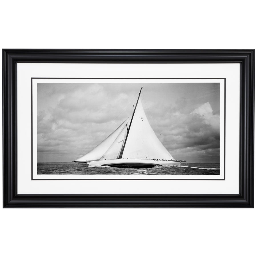 Framed black and white photograph of sailing yacht Cambria sailing at sea. This photograph was scanned from original glass plate negative and photographed by Frank Beken in 1930. Available for purchase from Brett Gallery. Beken of Cowes Framed Prints, Beken of Cowes archives, Beken of Cowes Prints, Beken Archive, Cowes Week old Photographs, Beken Prints, Frank beken of Cowes.