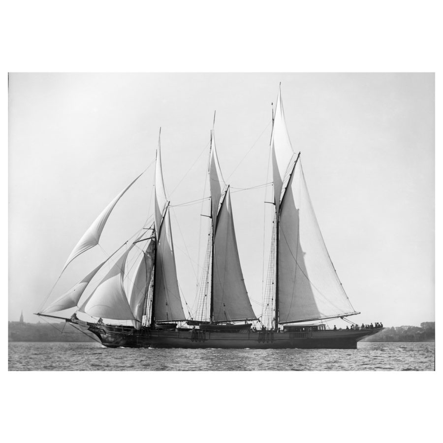 Black and White photograph of sailing boat Chazalie sailing at sea. Taken by marine photographer Alfred John West in 1883. printed from original glass plate negatives from period. Available for purchase form Brett Gallery. Beken of Cowes Framed Prints, Beken of Cowes archives, Beken of Cowes Prints, Beken Archive, Cowes Week old Photographs, Beken Prints, Frank beken of Cowes.