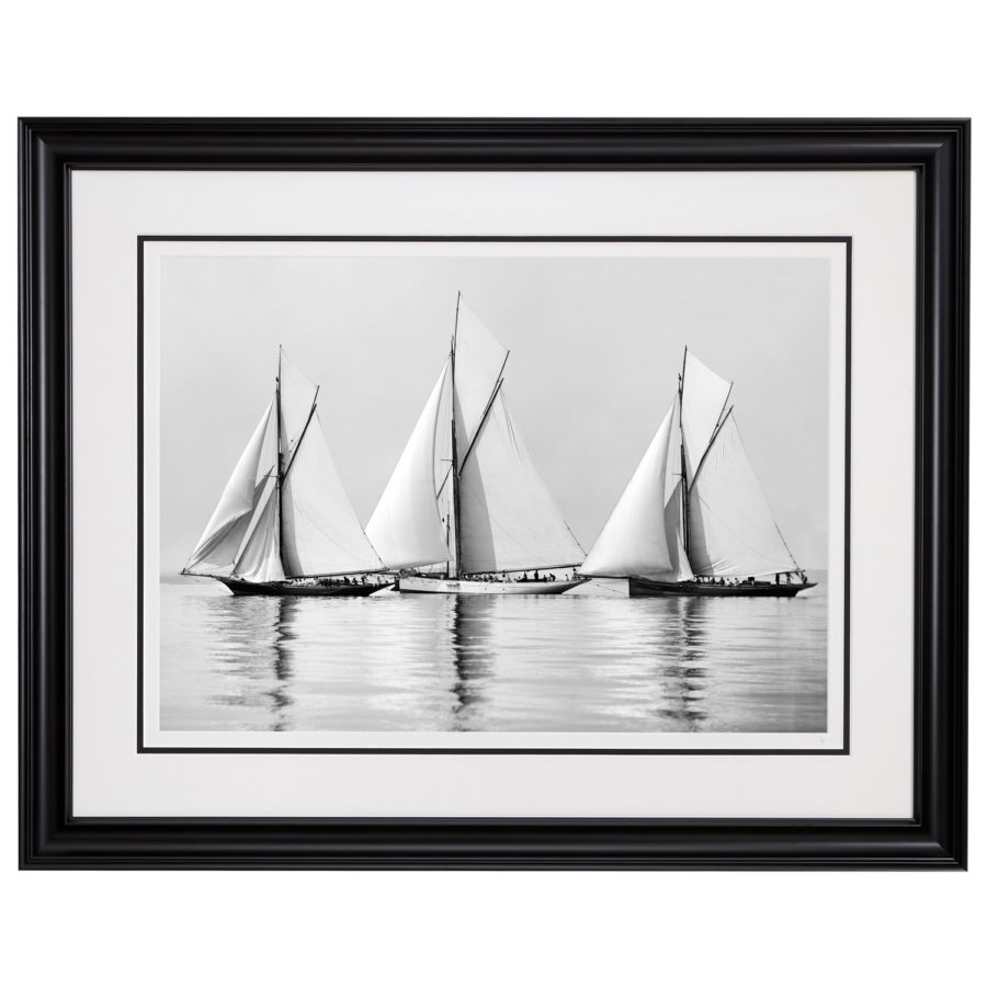 Black and White Photograph of Sailing yachts Deerhound, Vanduara and Neptune becalmed at sea. Picture was scanned from original glass plate negative and taken by a great marine photographer Alfred John West in 1885 on his handmade camera. Available for sale at Brett Gallery. Beken of Cowes Framed Prints, Beken of Cowes archives, Beken of Cowes Prints, Beken Archive, Cowes Week old Photographs, Beken Prints, Frank beken of Cowes.