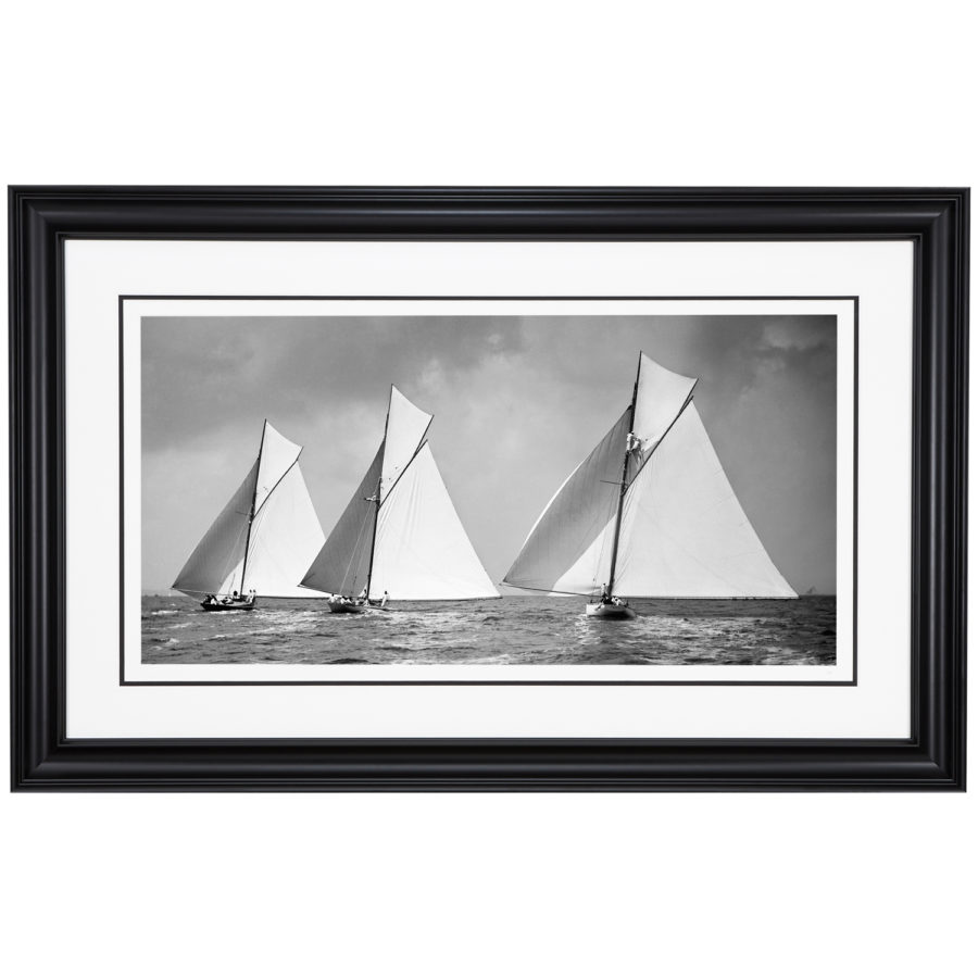 Beautiful framed in black frame black and white photograph of sailing boats Isolde, penitent and Niagara. Taken by Alfred John West in 1857. Picture printed from original glass plate negative from Beken of Cowes Archive. Available to purchase from Brett Gallery. Beken of Cowes Framed Prints, Beken of Cowes archives, Beken of Cowes Prints, Beken Archive, Cowes Week old Photographs, Beken Prints, Frank beken of Cowes.