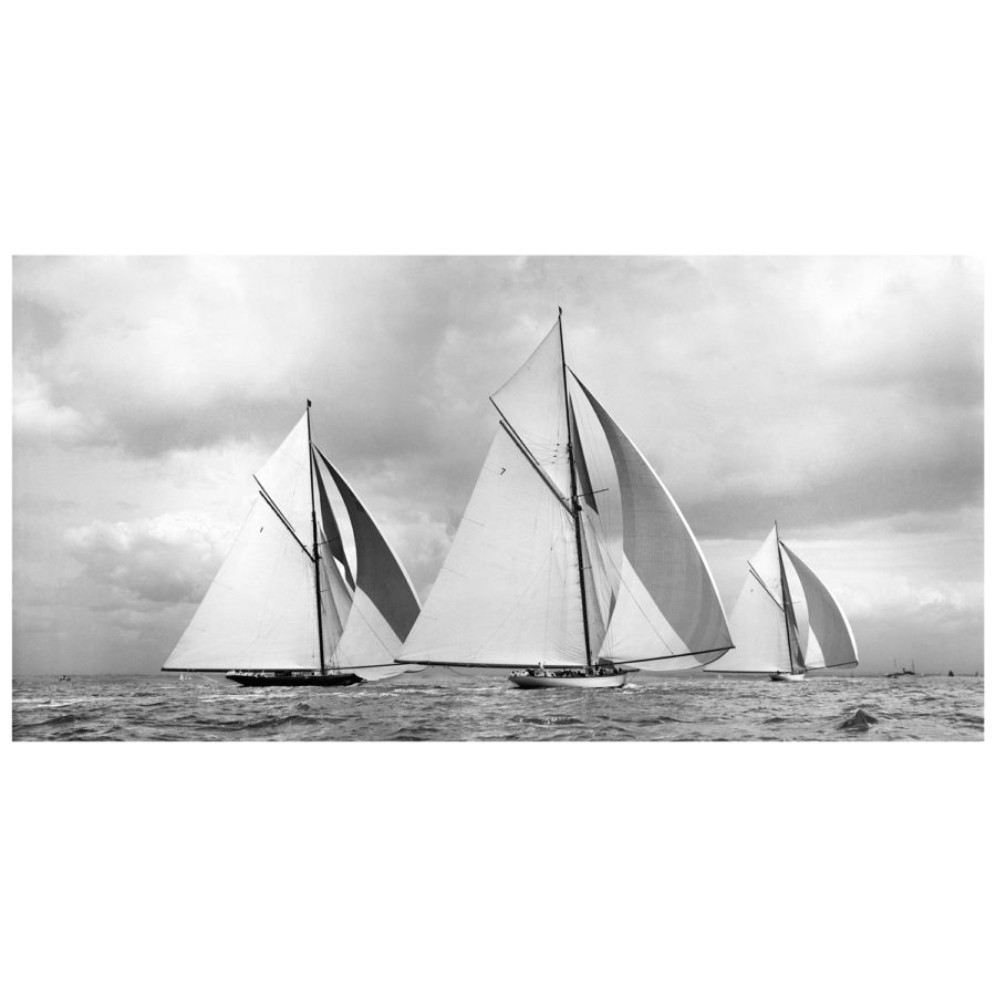 Stunning Black and white, limited Edition, silver gelatine, developed in he darkroom photograph of sailing boats Lulworth, White Heather and Britannia sailing at sea. This picture was scanned from original glass plate negative. Available in 5 sizes to purchase from Brett Gallery. Beken of Cowes Framed Prints, Beken of Cowes archives, Beken of Cowes Prints, Beken Archive, Cowes Week old Photographs, Beken Prints, Frank beken of Cowes.