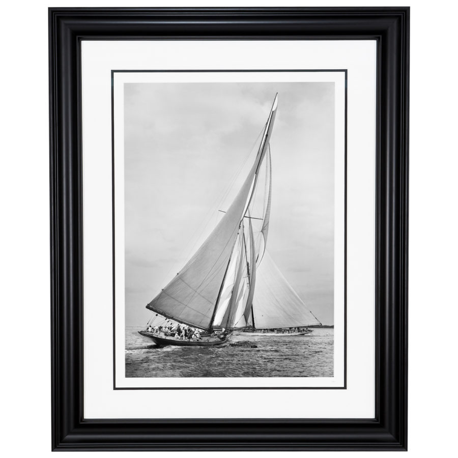 Framed Limited edition, Silver Gelatin, Black and White Photograph of sailing boat Meteor 2 and Ailsa. Available to purchase in various sizes from the Brett Gallery. this picture was developed in the darkroom and scanned from original glass plat negative from period. Taken by a famous marine photographer Frank Beken in 1911. Beken of Cowes Framed Prints, Beken of Cowes archives, Beken of Cowes Prints, Beken Archive, Cowes Week old Photographs, Beken Prints, Frank beken of Cowes.