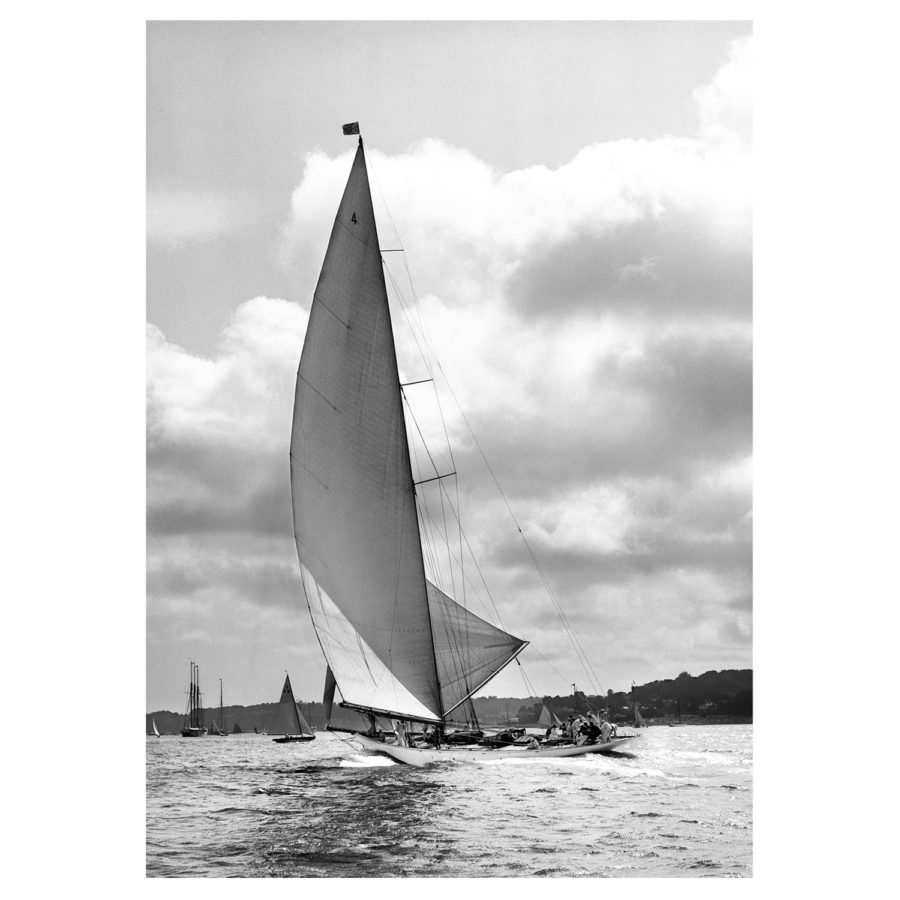 Unframed Black and White, Silver Gelatin, Limited edition Photograph of sailing yacht Nyria. Taken by a famous marine photographer Frank Beken in 1923. This photograph was scanned from original glass plate negatives and developed in the dark room as they used to do it period. Available to purchase in deferent sizes from Brett Gallery. Beken of Cowes Framed Prints, Beken of Cowes archives, Beken of Cowes Prints, Beken Archive, Cowes Week old Photographs, Beken Prints, Frank beken of Cowes.