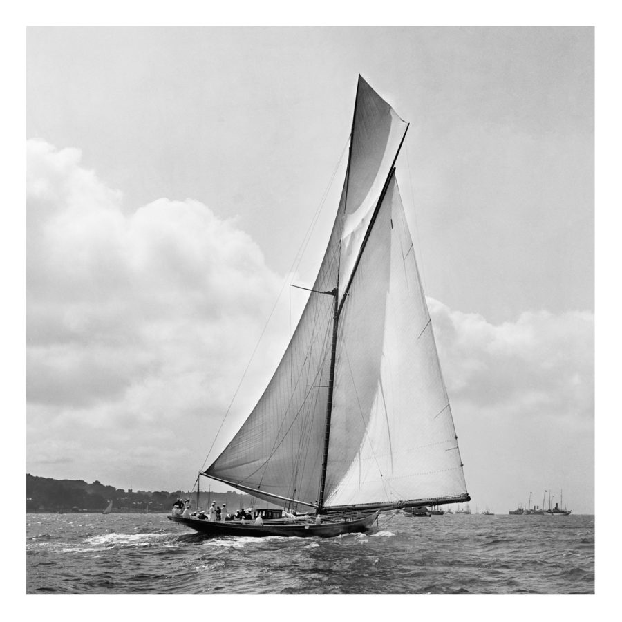 Unframed Black and White, Silver Gelatin, Limited edition Photograph of sailing yacht Prince of Wales Yacht Britannia with a beautiful set of clouds on the background. Taken by a famous marine photographer Frank Beken in 1923. This photograph was scanned from original glass plate negatives and developed in the dark room as they used to do it period. Available to purchase in deferent sizes from Brett Gallery. Beken of Cowes Framed Prints, Beken of Cowes archives, Beken of Cowes Prints, Beken Archive, Cowes Week old Photographs, Beken Prints, Frank beken of Cowes.