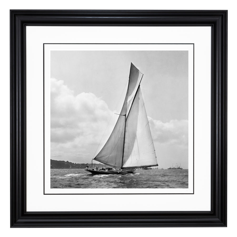 Framed Limited edition, Silver Gelatin, Black and White Photograph of sailing boat Prince of Wales Yacht Britannia with a beautiful set of clouds on the background. Taken by a famous marine photographer Frank Beken in 1923. This photograph was scanned from original glass plate negatives and developed in the dark room as they used to do it period. Available to purchase in deferent sizes from Brett Gallery. Beken of Cowes Framed Prints, Beken of Cowes archives, Beken of Cowes Prints, Beken Archive, Cowes Week old Photographs, Beken Prints, Frank beken of Cowes.