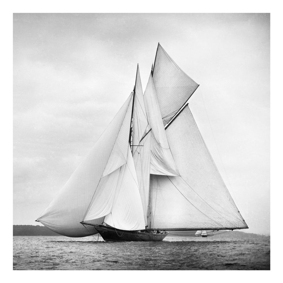 Unframed Black and White, Silver Gelatin, Limited edition Photograph of sailing yacht Rainbow sailing at sea with full sails of wind. Taken by a talented marine photographer Alfred John West in 1898. This photograph was scanned from original glass plate negatives and developed in the dark room as they used to do it period. Available to purchase in deferent sizes from Brett Gallery. Beken of Cowes Framed Prints, Beken of Cowes archives, Beken of Cowes Prints, Beken Archive, Cowes Week old Photographs, Beken Prints, Frank beken of Cowes.