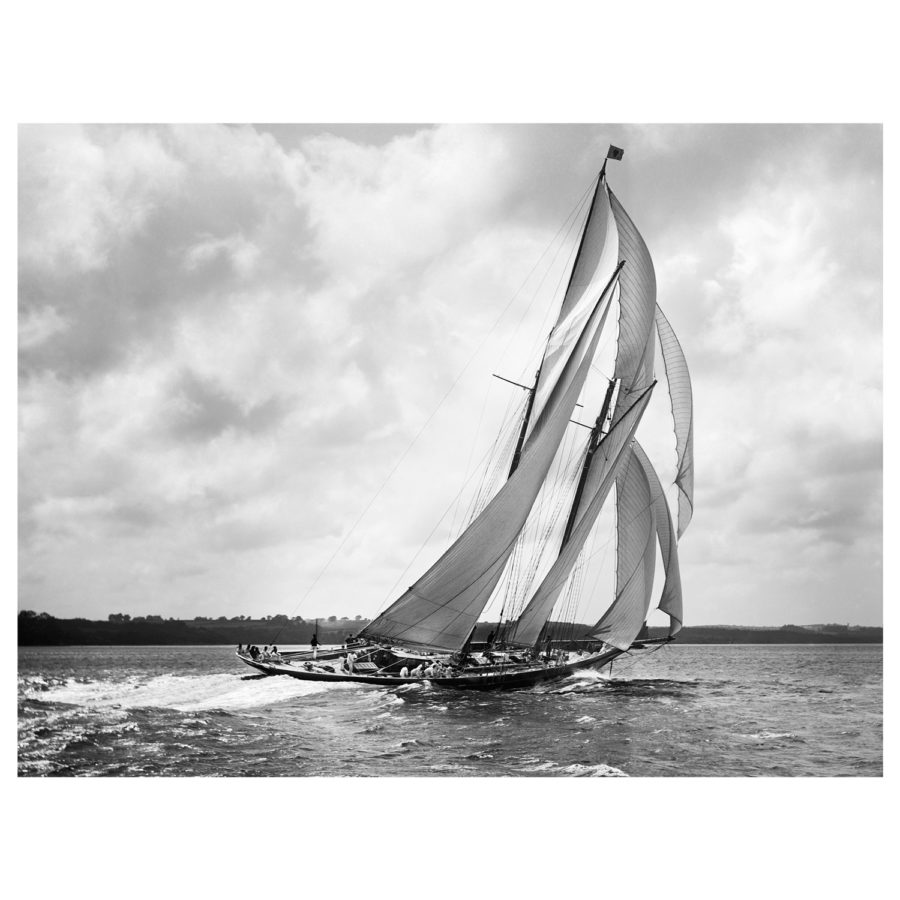 Unframed Black and White, Silver Gelatin, Limited edition Photograph of sailing yacht Rainbow. Taken by a talented marine photographer Alfred John West in 1898. This photograph was scanned from original glass plate negatives and developed in the dark room as they used to do it period. Available to purchase in deferent sizes from Brett Gallery. Beken of Cowes Framed Prints, Beken of Cowes archives, Beken of Cowes Prints, Beken Archive, Cowes Week old Photographs, Beken Prints, Frank beken of Cowes.