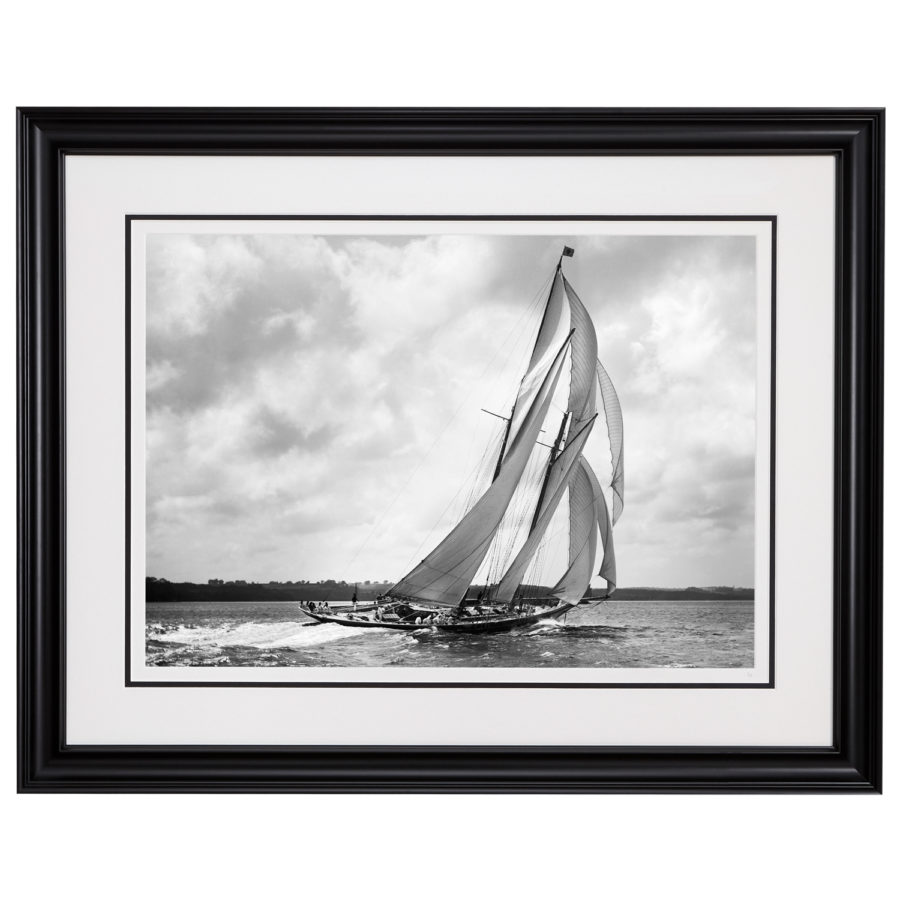 Framed Limited edition, Silver Gelatin, Black and White Photograph of sailing boat Rainbow. Taken by a talented marine photographer Alfred John West in 1898. Available to purchase in various sizes from the Brett Gallery. This picture was developed in the darkroom and scanned from original glass plat negative from period. Beken of Cowes Framed Prints, Beken of Cowes archives, Beken of Cowes Prints, Beken Archive, Cowes Week old Photographs, Beken Prints, Frank beken of Cowes.