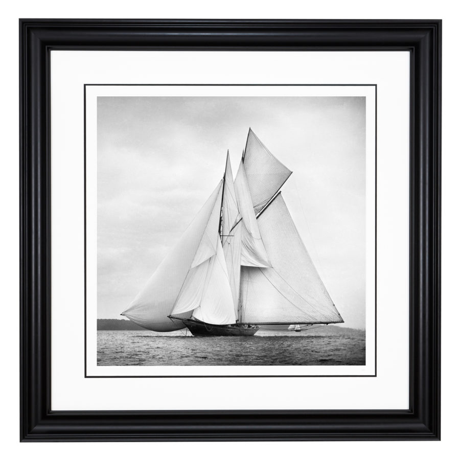 Framed Limited edition, Silver Gelatin, Black and White Photograph of sailing boat Rainbow sailing at sea with full sails of wind. Taken by a talented marine photographer Alfred John West in 1898. Available to purchase in various sizes from the Brett Gallery. This picture was developed in the darkroom and scanned from original glass plat negative from period. Beken of Cowes Framed Prints, Beken of Cowes archives, Beken of Cowes Prints, Beken Archive, Cowes Week old Photographs, Beken Prints, Frank beken of Cowes.