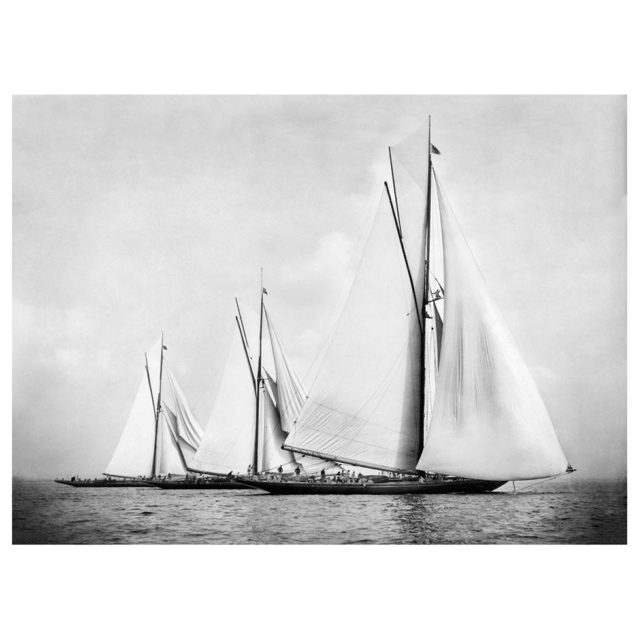 Unframed Black and White, Silver Gelatin, Limited edition Photograph of sailing yacht Satanita, Britannia and Meteor 2. Taken by a talented marine photographer Alfred John West in 1886. This photograph was scanned from original glass plate negatives and developed in the dark room as they used to do it period. Available to purchase in deferent sizes from Brett Gallery. Beken of Cowes Framed Prints, Beken of Cowes archives, Beken of Cowes Prints, Beken Archive, Cowes Week old Photographs, Beken Prints, Frank beken of Cowes.