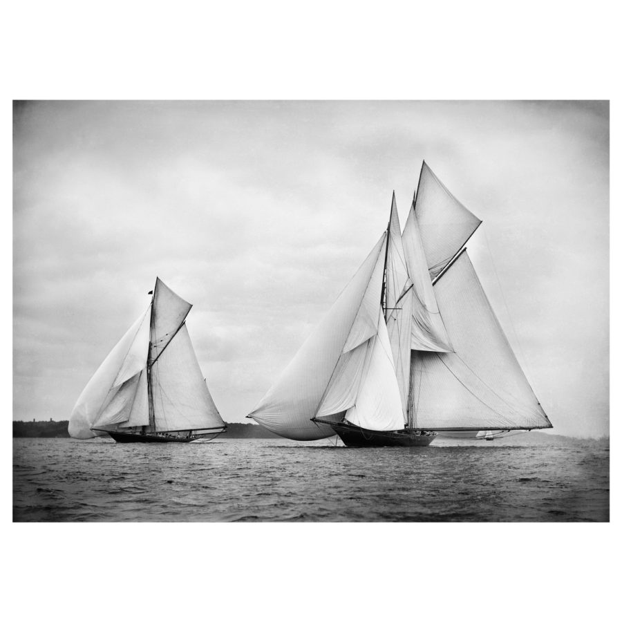 Unframed Black and White, Silver Gelatin, Limited edition Photograph of sailing yacht Satanita and Rainbow. Taken by a talented marine photographer Alfred John West in 1898. This photograph was scanned from original glass plate negatives and developed in the dark room as they used to do it period. Available to purchase in deferent sizes from Brett Gallery. Beken of Cowes Framed Prints, Beken of Cowes archives, Beken of Cowes Prints, Beken Archive, Cowes Week old Photographs, Beken Prints, Frank beken of Cowes.