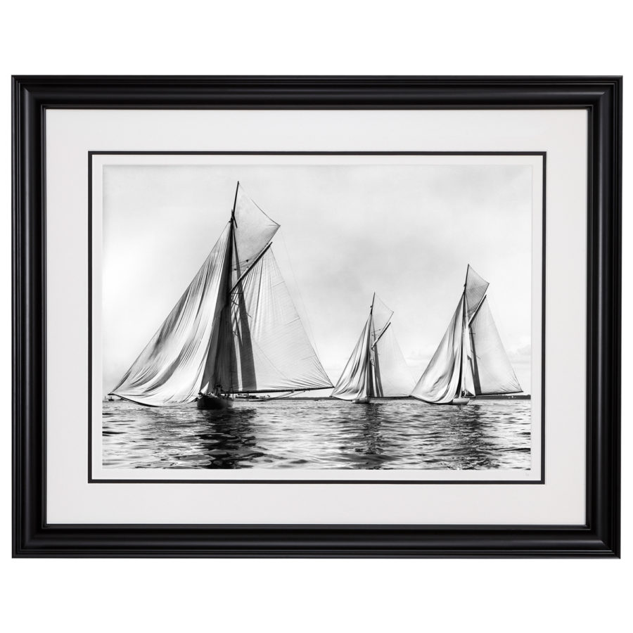 Framed Limited edition, Silver Gelatin, Black and White Photograph of sailing boat Sonya Becalmed. Available to purchase in various sizes from the Brett Gallery. This picture was developed in the darkroom and scanned from original glass plat negative from period. Taken by a famous marine photographer Frank Beken in 1905. Beken of Cowes Framed Prints, Beken of Cowes archives, Beken of Cowes Prints, Beken Archive, Cowes Week old Photographs, Beken Prints, Frank beken of Cowes.