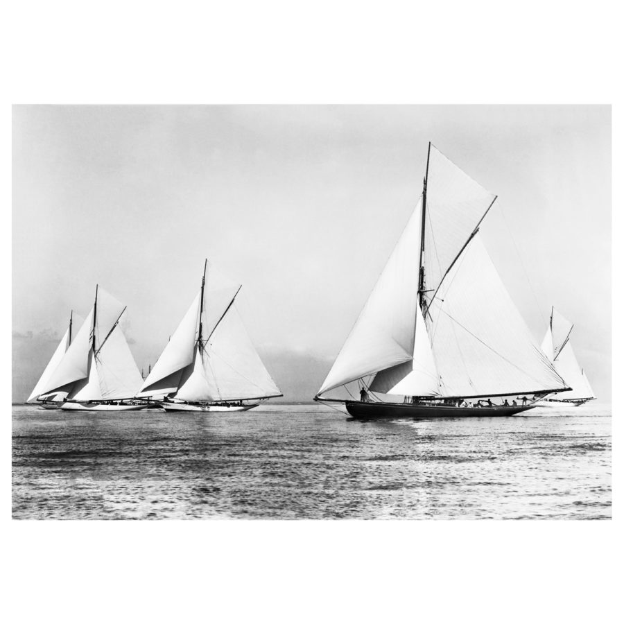 Unframed Black and White, Silver Gelatin, Limited edition Photograph of 5 sailing yachts at Start Ryde Town Cup sailing at sea. Taken by a famous marine photographer Frank Beken in 1903. This photograph was scanned from original glass plate negatives and developed in the dark room as they used to do it period. Available to purchase in deferent sizes from Brett Gallery. Beken of Cowes Framed Prints, Beken of Cowes archives, Beken of Cowes Prints, Beken Archive, Cowes Week old Photographs, Beken Prints, Frank beken of Cowes.