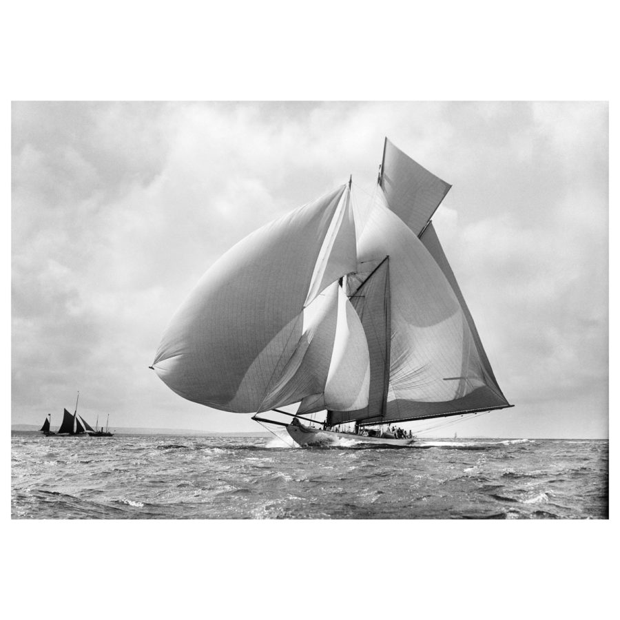 Unframed Black and White, Silver Gelatin, Limited edition Photograph of sailing yacht Suzanne with sails full of wind. Taken by a famous marine photographer Frank Beken in 1911. This photograph was scanned from original glass plate negatives and developed in the dark room as they used to do it period. Available to purchase in deferent sizes from Brett Gallery. Beken of Cowes Framed Prints, Beken of Cowes archives, Beken of Cowes Prints, Beken Archive, Cowes Week old Photographs, Beken Prints, Frank beken of Cowes.