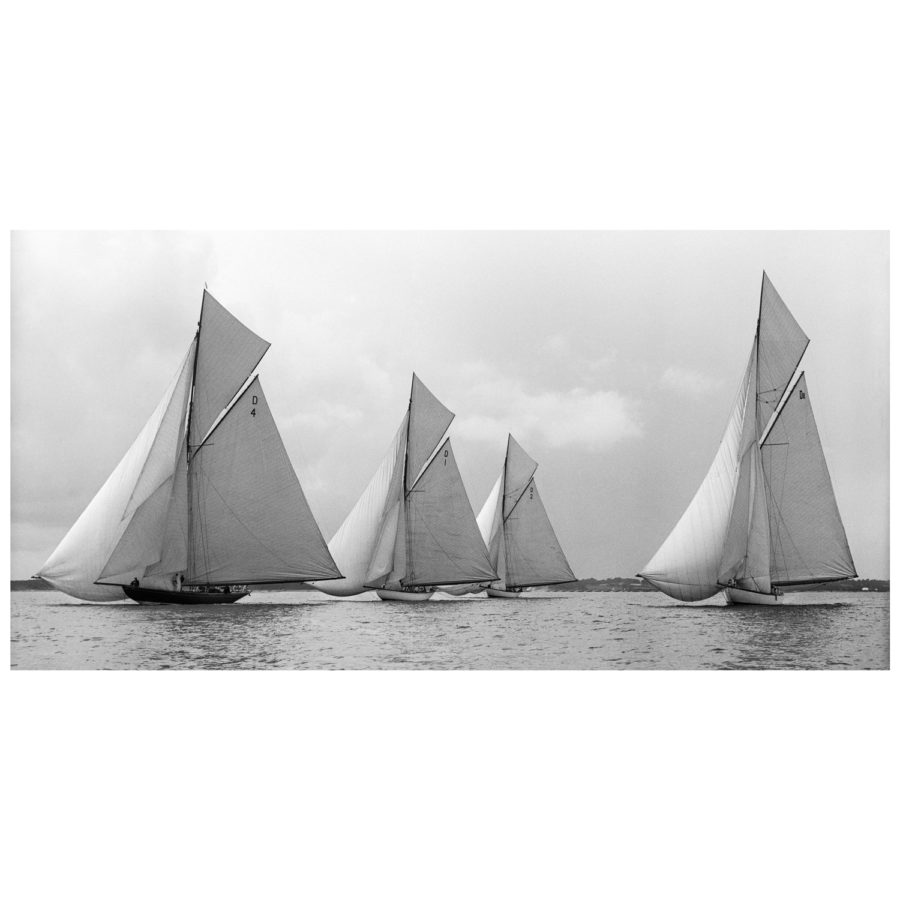 Unframed Black and White, Silver Gelatin, Limited edition Photograph of sailing yachts Vanity, Mariska, Ostara and Paula sailing at sea. Taken by a famous marine photographer Frank Beken in 1912. This photograph was scanned from original glass plate negatives and developed in the dark room as they used to do it period. Available to purchase in deferent sizes from Brett Gallery. Beken of Cowes Framed Prints, Beken of Cowes archives, Beken of Cowes Prints, Beken Archive, Cowes Week old Photographs, Beken Prints, Frank beken of Cowes.