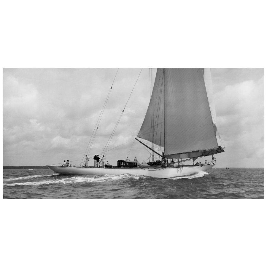 Unframed Black and White, Silver Gelatin, Limited edition Photograph of sailing yacht Velsheda sailing at sea. Taken by a famous marine photographer Frank Beken in 1936. This photograph was scanned from original glass plate negatives and developed in the dark room as they used to do it period. Available to purchase in deferent sizes from Brett Gallery. Beken of Cowes Framed Prints, Beken of Cowes archives, Beken of Cowes Prints, Beken Archive, Cowes Week old Photographs, Beken Prints, Frank beken of Cowes.
