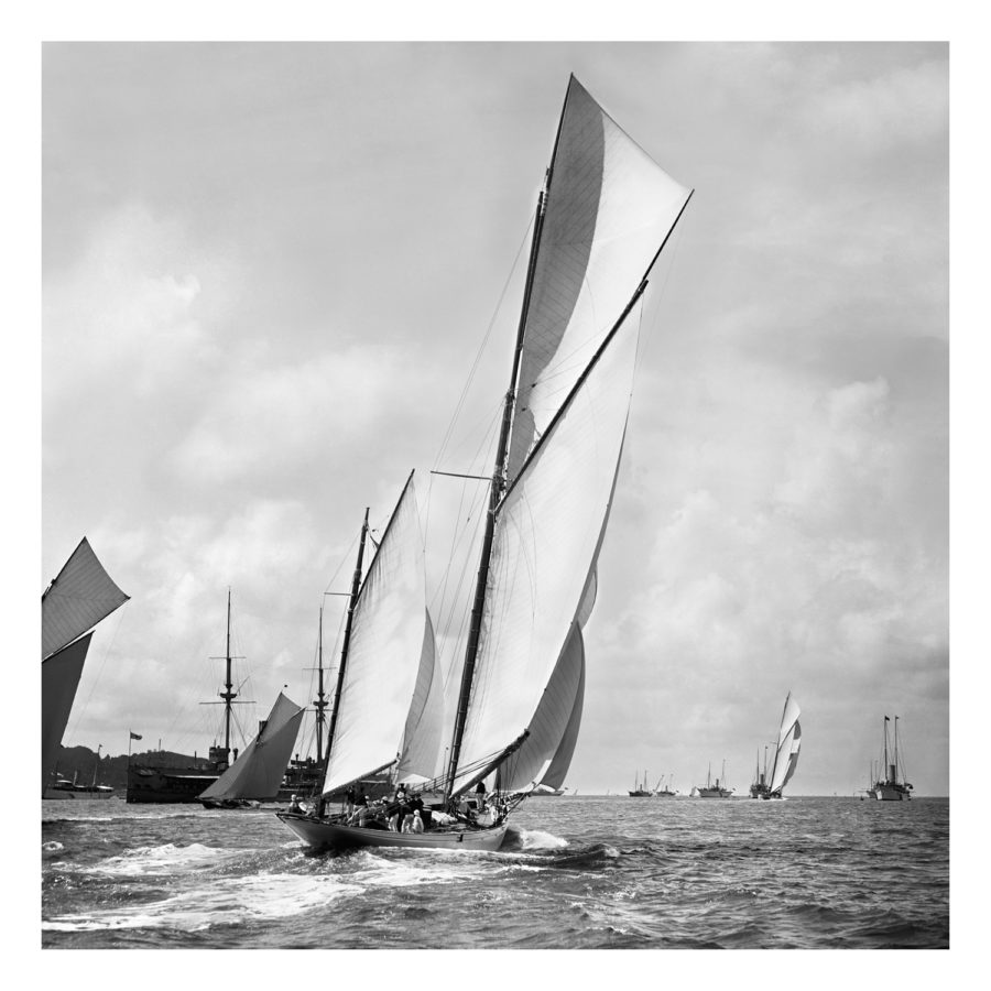Unframed Black and White, Silver Gelatin, Limited edition Photograph of sailing yacht White Heather sailing at sea with full sails of wind. Taken by a talented marine photographer Alfred John West in 1904. This photograph was scanned from original glass plate negatives and developed in the dark room as they used to do it period. Available to purchase in deferent sizes from Brett Gallery. Beken of Cowes Framed Prints, Beken of Cowes archives, Beken of Cowes Prints, Beken Archive, Cowes Week old Photographs, Beken Prints, Frank beken of Cowes.